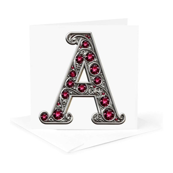 3drose, Pretty Image of Ruby Jeweled Monogram Letter A, 1 Greeting Card with Envelope