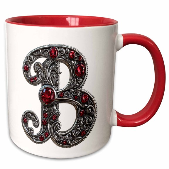 3drose, Pretty Image of Ruby Jeweled Monogram Letter B, 15oz Two-tone Red Mug