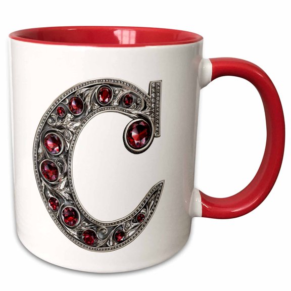 3drose, Pretty Image of Ruby Jeweled Monogram Letter C, 15oz Two-tone Red Mug