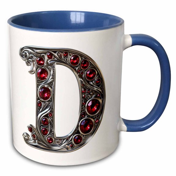 3drose, Pretty Image of Ruby Jeweled Monogram Letter D, 11oz Two-tone Blue Mug