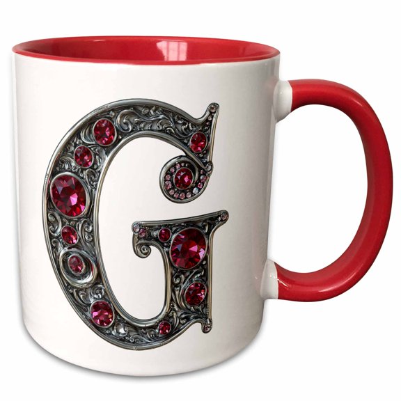3drose, Pretty Image of Ruby Jeweled Monogram Letter G, 11oz Two-tone Red Mug