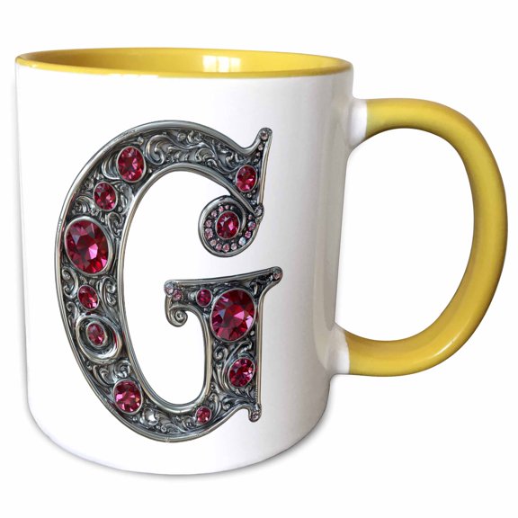 3drose, Pretty Image of Ruby Jeweled Monogram Letter G, 11oz Two-tone Yellow Mug