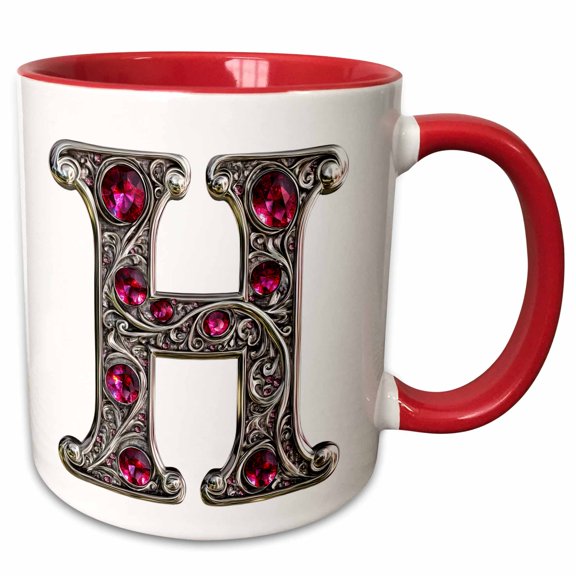 3drose, Pretty Image of Ruby Jeweled Monogram Letter H, 11oz Two-tone Red Mug