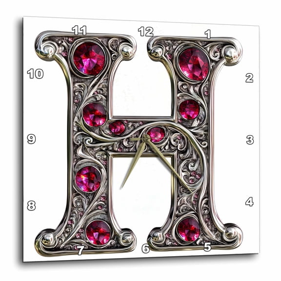 3drose, Pretty Image of Ruby Jeweled Monogram Letter H, 15x15 Wall Clock