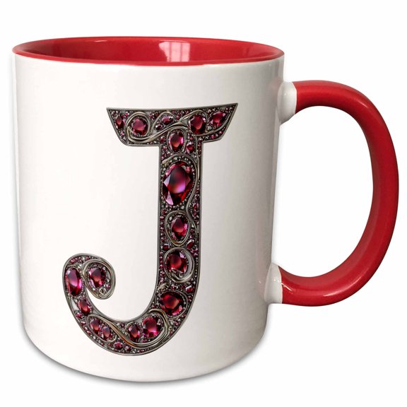 3drose, Pretty Image of Ruby Jeweled Monogram Letter J, 11oz Two-tone Red Mug
