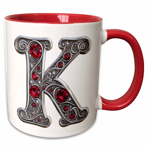 3drose, Pretty Image of Ruby Jeweled Monogram Letter K, 11oz Two-tone Red Mug