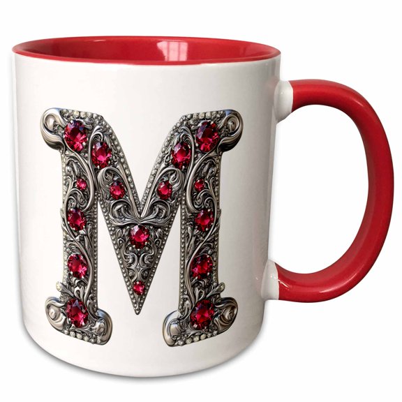 3drose, Pretty Image of Ruby Jeweled Monogram Letter M, 15oz Two-tone Red Mug