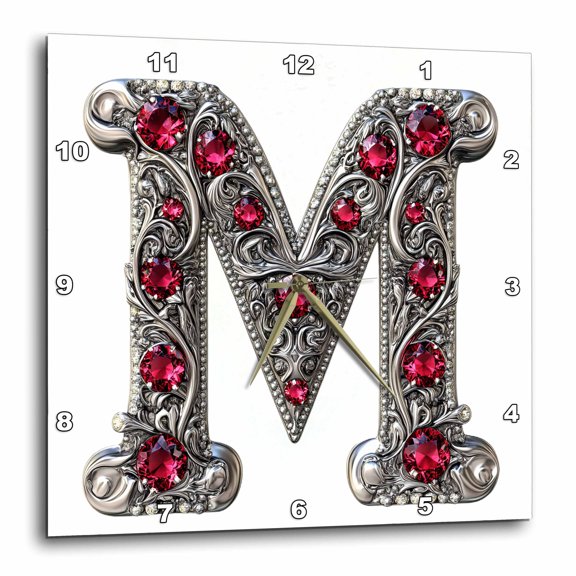 3drose, Pretty Image of Ruby Jeweled Monogram Letter M, 15x15 Wall Clock