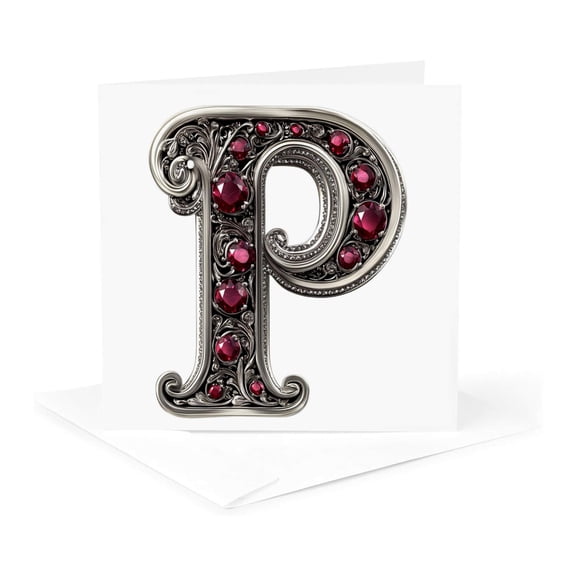 3drose, Pretty Image of Ruby Jeweled Monogram Letter P, 1 Greeting Card with Envelope