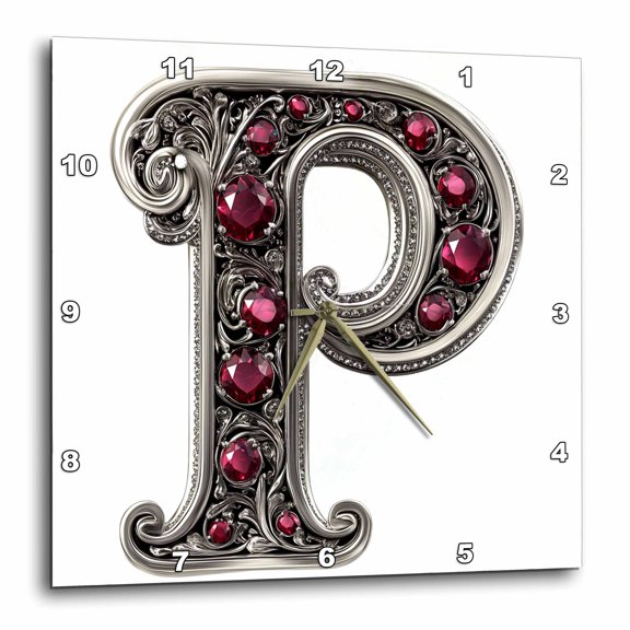 3drose, Pretty Image of Ruby Jeweled Monogram Letter P, 10x10 Wall Clock
