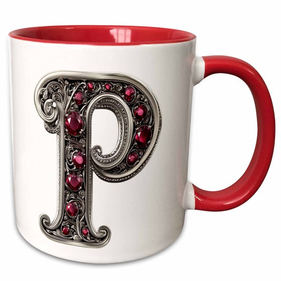 3drose, Pretty Image of Ruby Jeweled Monogram Letter P, 11oz Two-tone Red Mug