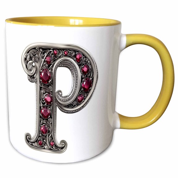 3drose, Pretty Image of Ruby Jeweled Monogram Letter P, 11oz Two-tone Yellow Mug