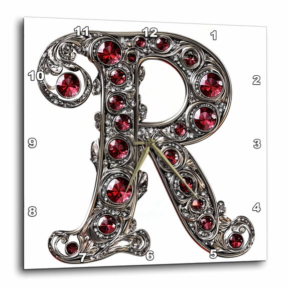 3drose, Pretty Image of Ruby Jeweled Monogram Letter R, 10x10 Wall Clock