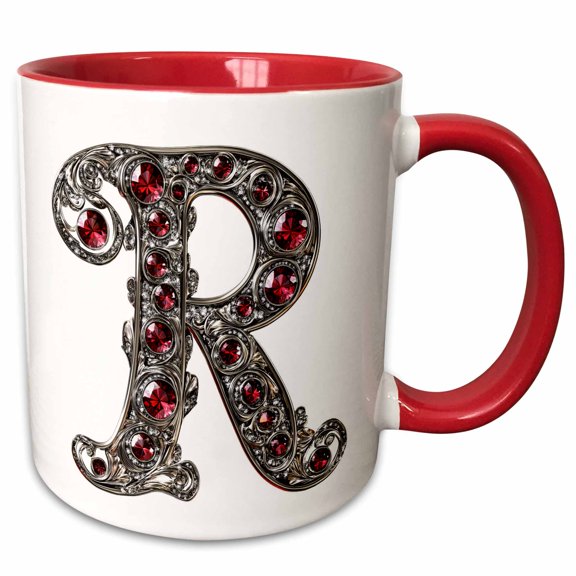 3drose, Pretty Image of Ruby Jeweled Monogram Letter R, 11oz Two-tone Red Mug