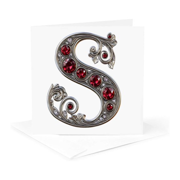 3drose, Pretty Image of Ruby Jeweled Monogram Letter S, 1 Greeting Card with Envelope