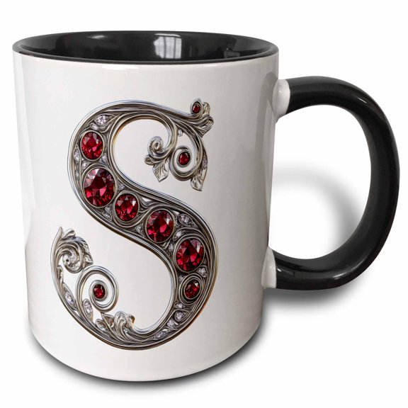 3drose, Pretty Image of Ruby Jeweled Monogram Letter S, 11oz Two-tone Black Mug