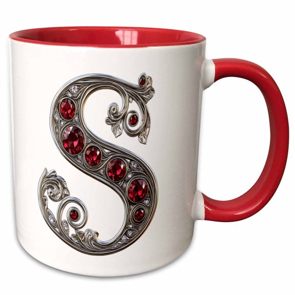3drose, Pretty Image of Ruby Jeweled Monogram Letter S, 11oz Two-tone Red Mug
