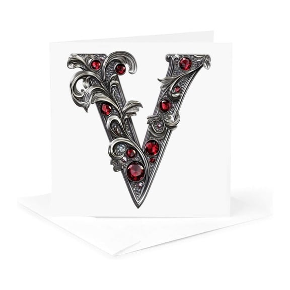 3drose, Pretty Image of Ruby Jeweled Monogram Letter V, 1 Greeting Card with Envelope