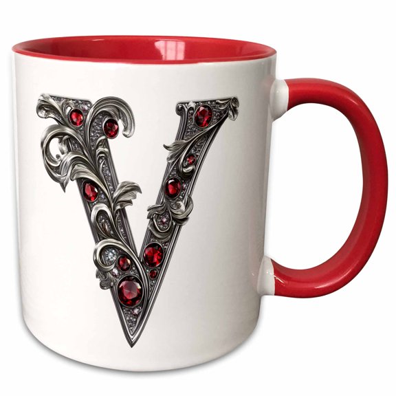 3drose, Pretty Image of Ruby Jeweled Monogram Letter V, 11oz Two-tone Red Mug