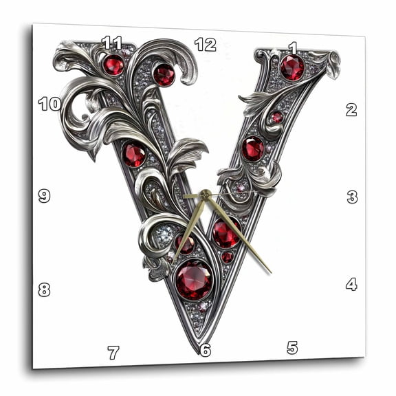 3drose, Pretty Image of Ruby Jeweled Monogram Letter V, 15x15 Wall Clock
