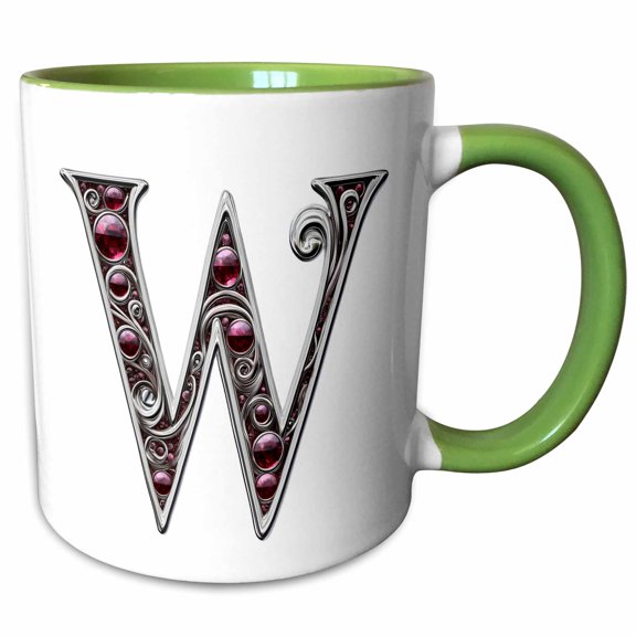 3drose, Pretty Image of Ruby Jeweled Monogram Letter W, 11oz Two-tone Green Mug