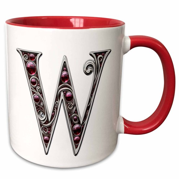 3drose, Pretty Image of Ruby Jeweled Monogram Letter W, 11oz Two-tone Red Mug