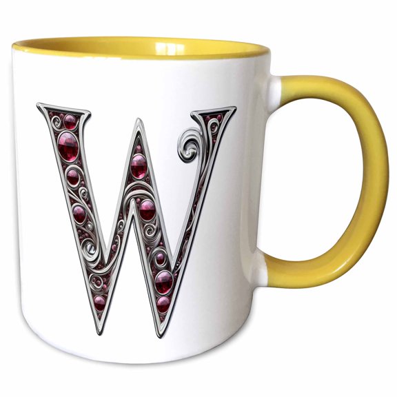 3drose, Pretty Image of Ruby Jeweled Monogram Letter W, 11oz Two-tone Yellow Mug