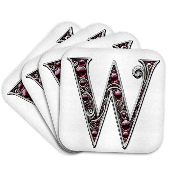 3drose, Pretty Image of Ruby Jeweled Monogram Letter W, Set of 4 Coasters - Soft