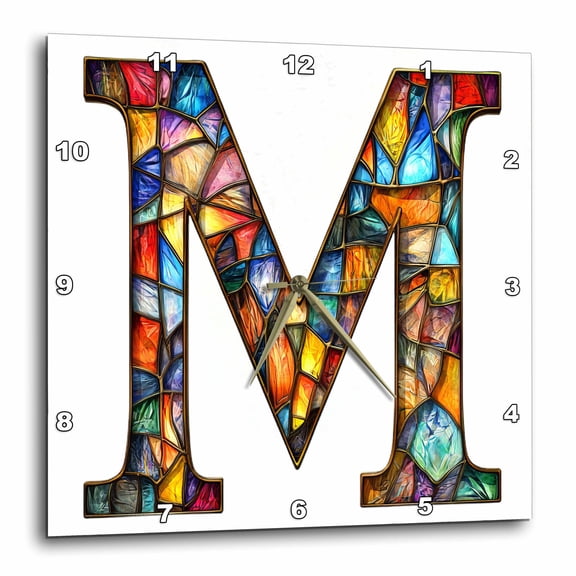 3drose, Pretty Image of Stained Glass Monogram Letter M, 10x10 Wall Clock