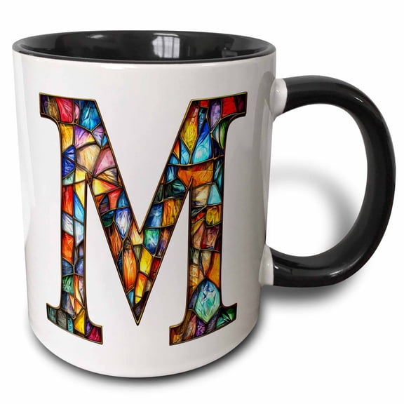 3drose, Pretty Image of Stained Glass Monogram Letter M, 11oz Two-tone Black Mug