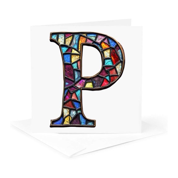 3drose, Pretty Image of Stained Glass Monogram Letter P, 1 Greeting Card with Envelope