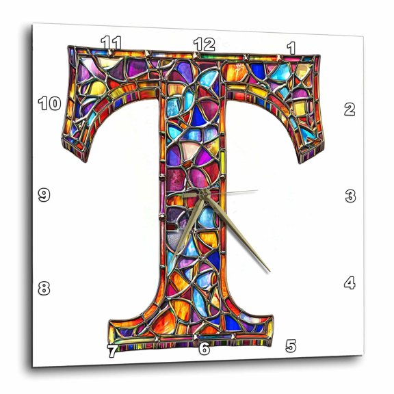 3drose, Pretty Image of Stained Glass Monogram Letter T, 15x15 Wall Clock