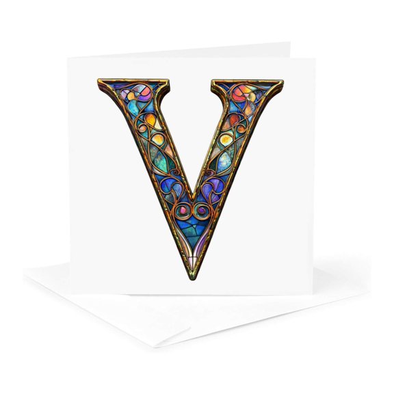 3drose, Pretty Image of Stained Glass Monogram Letter V, 1 Greeting Card with Envelope