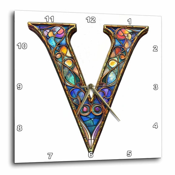 3drose, Pretty Image of Stained Glass Monogram Letter V, 15x15 Wall Clock
