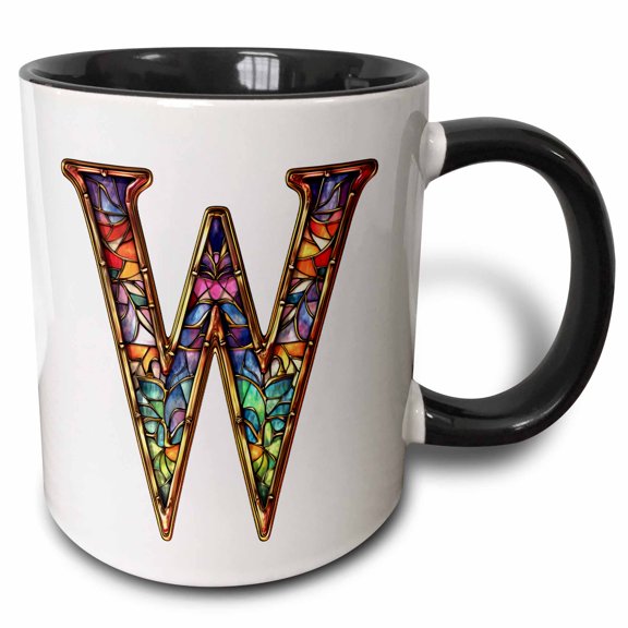 3drose, Pretty Image of Stained Glass Monogram Letter W, 11oz Two-tone Black Mug