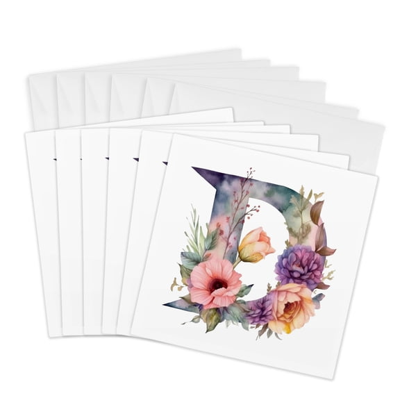 3drose, Pretty Image of Watercolor Floral Monogram Initial D, 6 Greeting Cards with Envelopes