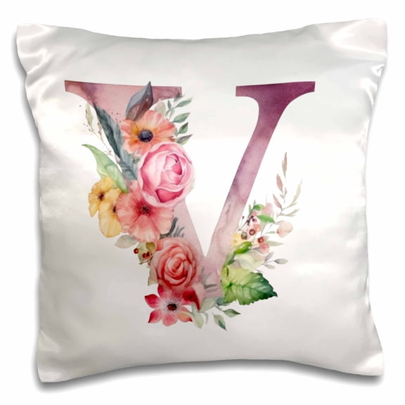 3drose, Pretty Image of Watercolor Floral Monogram Initial V, 16x16 inch Pillow Case