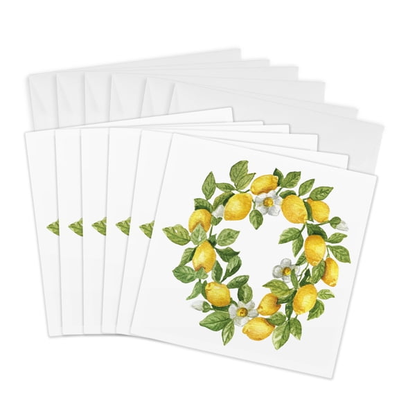3drose, Pretty Image of Watercolor Lemon Wreath Illustration, 6 Greeting Cards with Envelopes