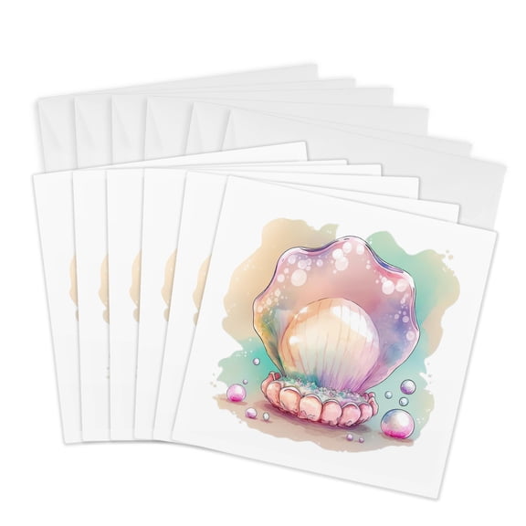 3drose, Pretty Image of Watercolor Open Clamshell Seashell Illustration, 6 Greeting Cards with Envelopes