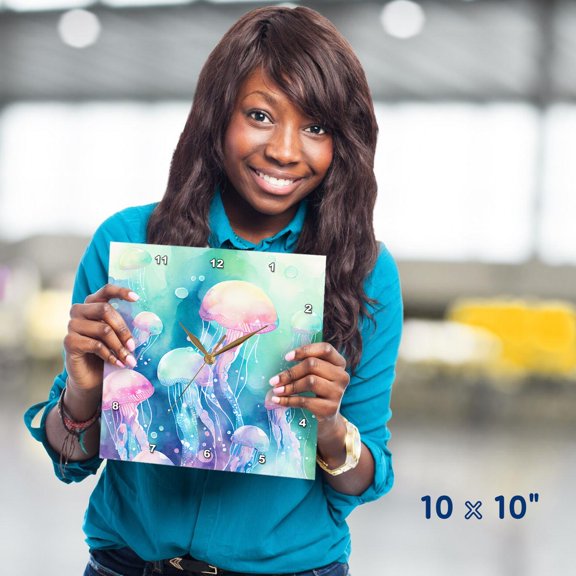 3drose, Pretty Image of Watercolor Pastel Jelly Fish Background, 10x10 Wall Clock