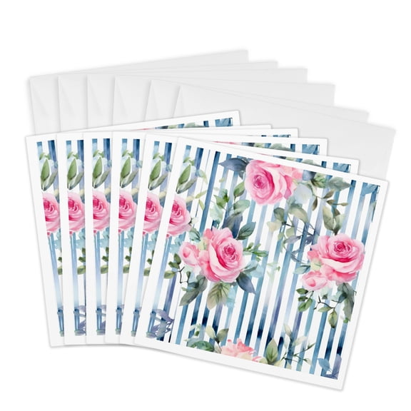 3drose, Pretty Image of Watercolor Pink Roses on Blue Stripes, 6 Greeting Cards with Envelopes