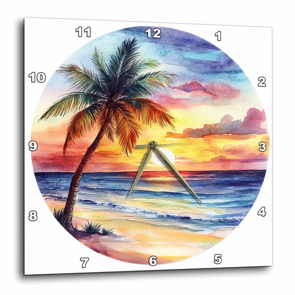 3drose, Pretty Image of Watercolor Sunset Beach with a Palm Tree, 10x10 Wall Clock