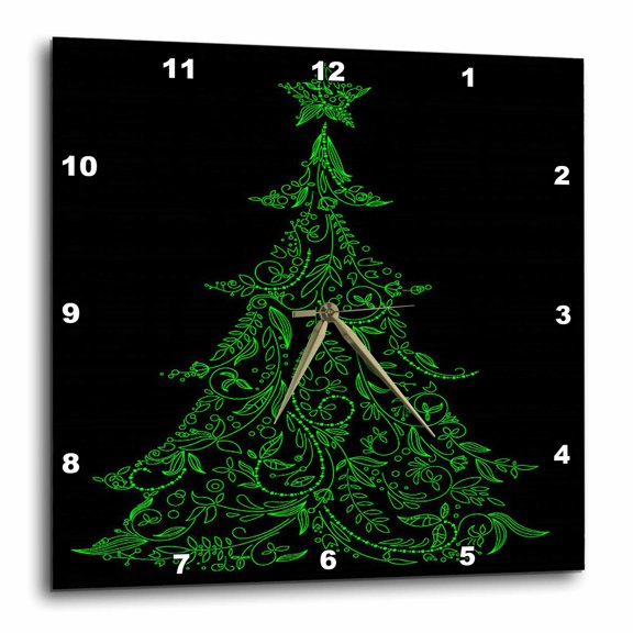 3drose, Pretty Lacey Filagree Christmas Tree with Star in Green Against a Black Background, 15x15 Wall Clock