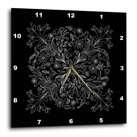 3drose, Pretty Lacey Flower Decorated Square in White on a Black Background, 15x15 Wall Clock