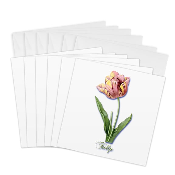 3drose, Pretty Light Pink and Yellow Tulip Botanical Print, 6 Greeting Cards with Envelopes