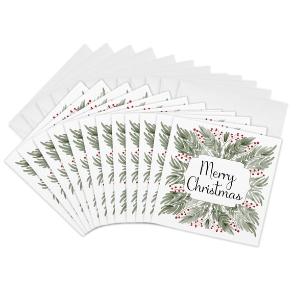 3drose, Pretty Merry Christmas Image of Watercolor Leaf Wreath, 12 Greeting Cards with Envelopes