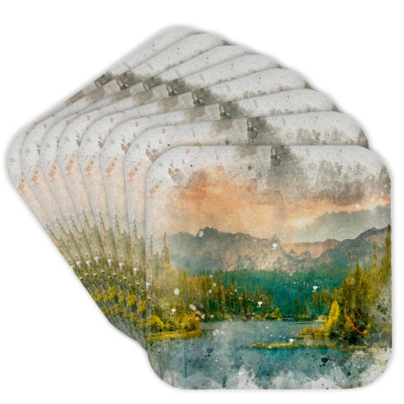3drose, Pretty Mountain Lake with Pine Trees and Sunset over Mountains, Set of 8 Coasters - Soft