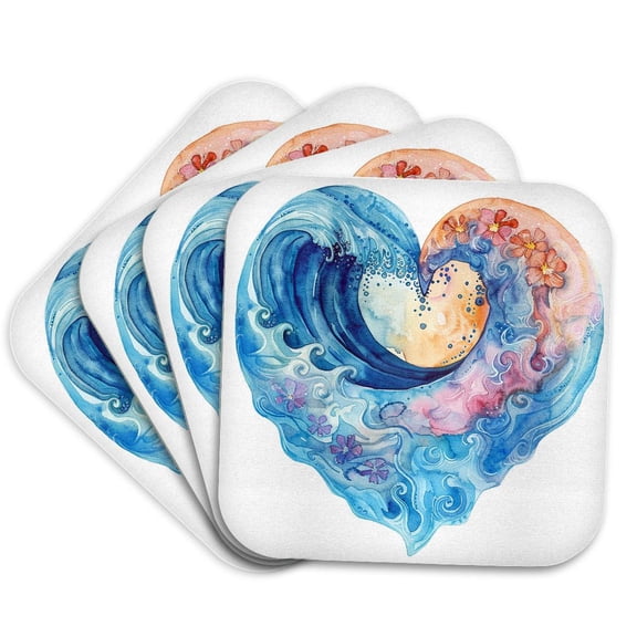 3drose, Pretty Ocean Sunset Heart Illustration, Set of 4 Coasters - Cork