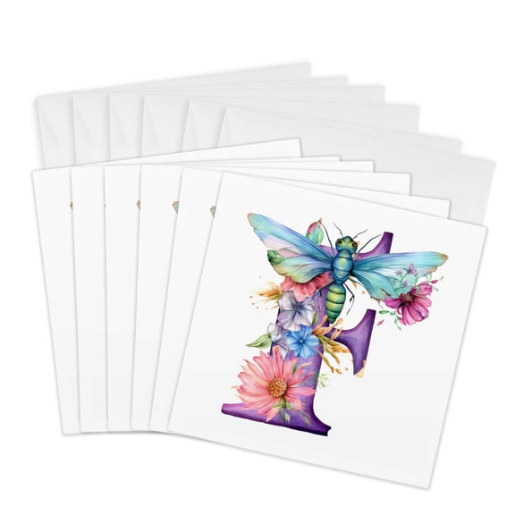3drose, Pretty Pastel Floral Insect Monogram Initial F, 6 Greeting Cards with Envelopes