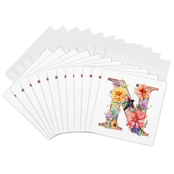 3drose, Pretty Pastel Floral Insect Monogram Initial N, 12 Greeting Cards with Envelopes